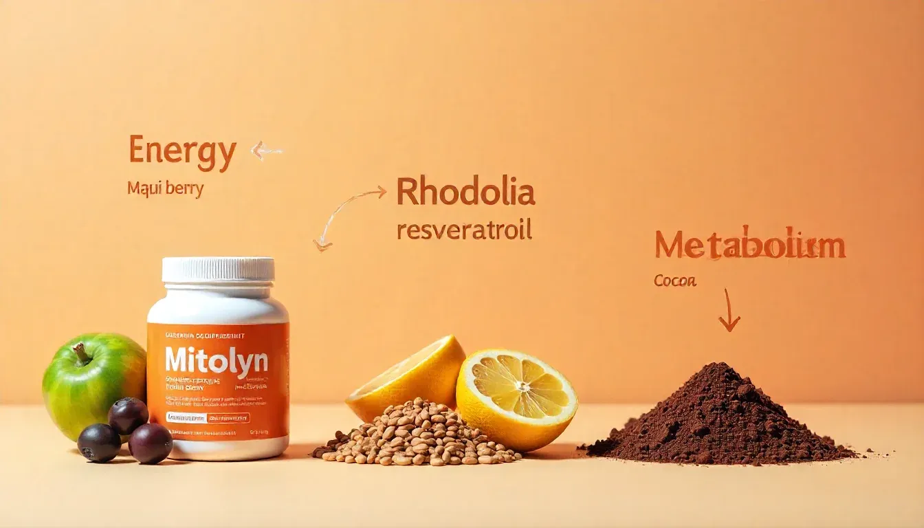 Mitolyn supplement infographic showing natural ingredients and benefits for energy, metabolism, and fat burning.