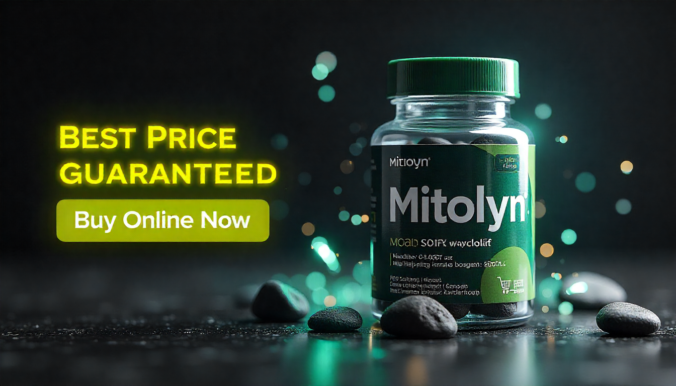 Mitolyn supplement bottle with glowing effect and bold best price offer text in an e-commerce banner style.