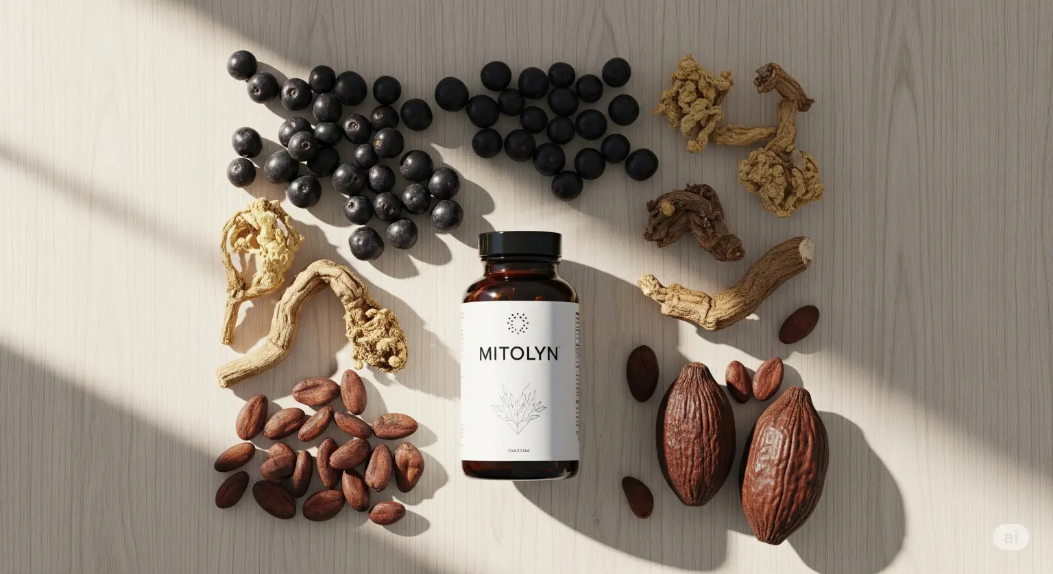 Mitolyn supplement bottle with maqui berries, rhodiola roots, and cacao beans