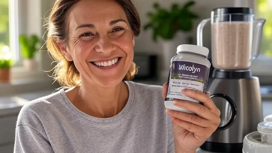 A striking close-up of a Mitolyn supplement bottle with glowing effects and icons of mitochondria, leaves, and a scale, showcasing its plant-based formula for energy and metabolism support.