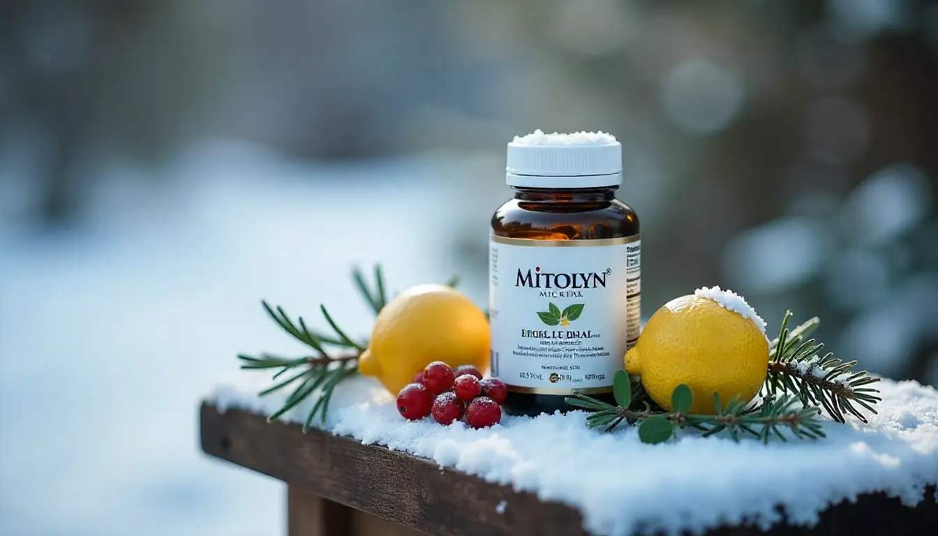 Mitolyn supplement bottle with lemons, cranberries, and pine sprigs on snow.