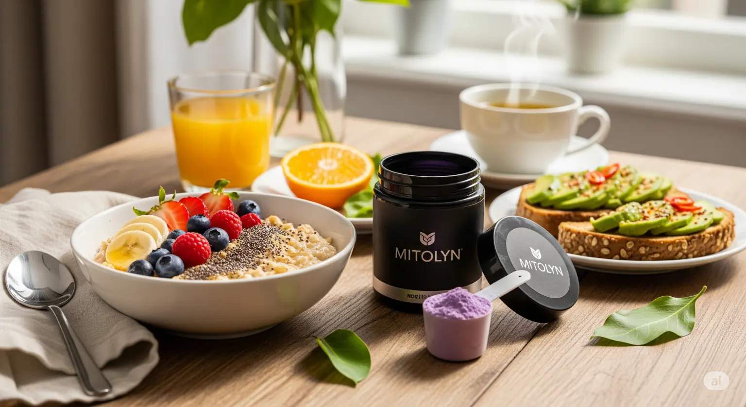 A muscular man in a gym pouring a supplement labeled "MITOLYN" into his mouth from a packet.