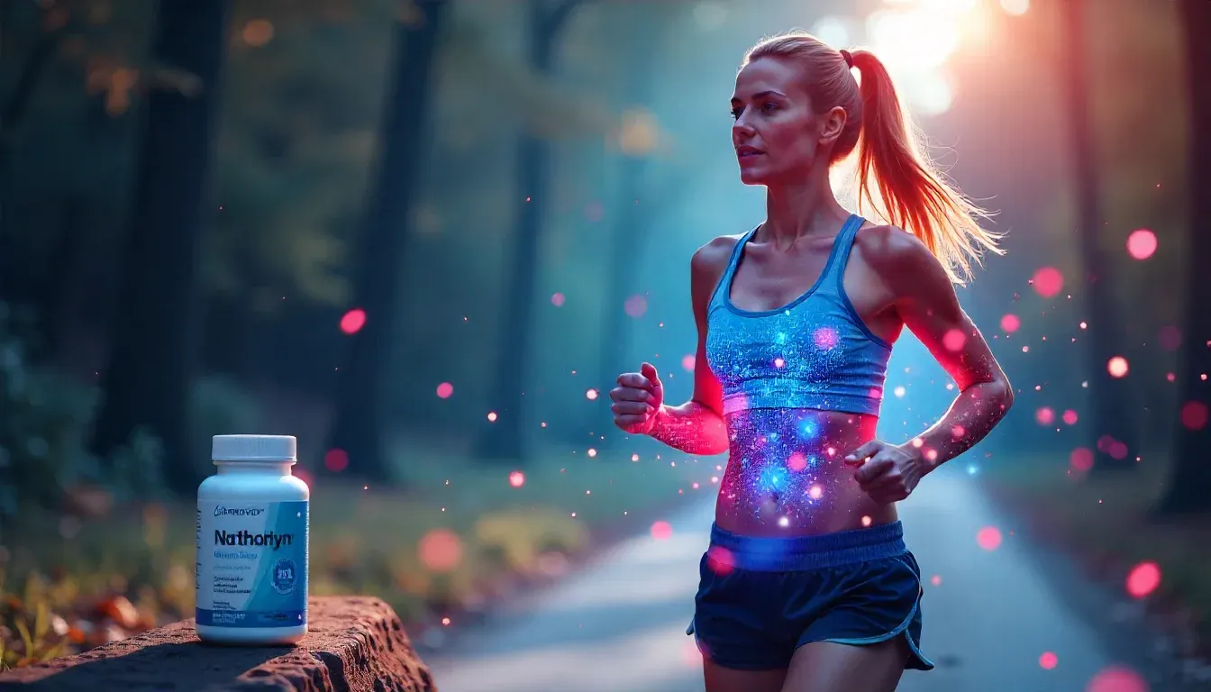 Active woman jogging with glowing mitochondria energy particles and Mitolyn supplement bottle.