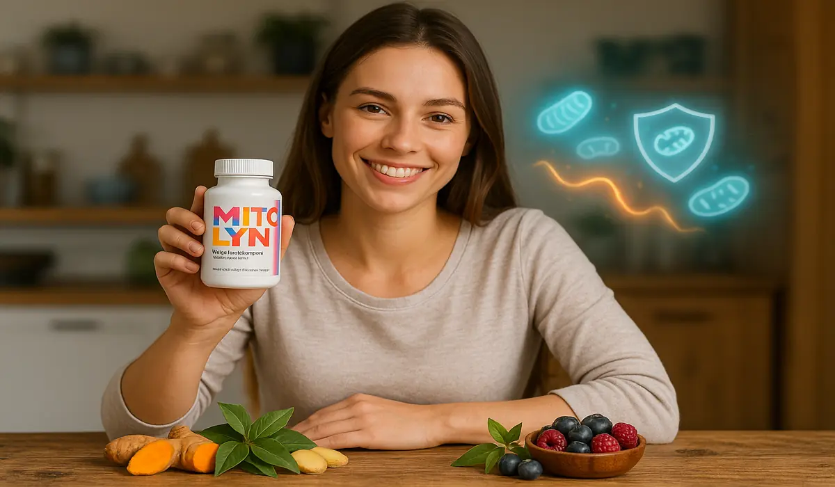 Smiling woman holding Mitolyn weight loss supplement bottle with turmeric, berries, and green leaves on table, glowing mitochondria and health shield icons in background.