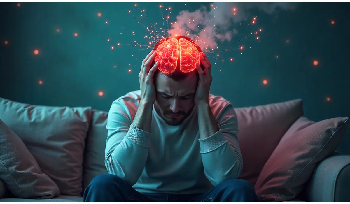 Illustration of a fatigued person with struggling mitochondria