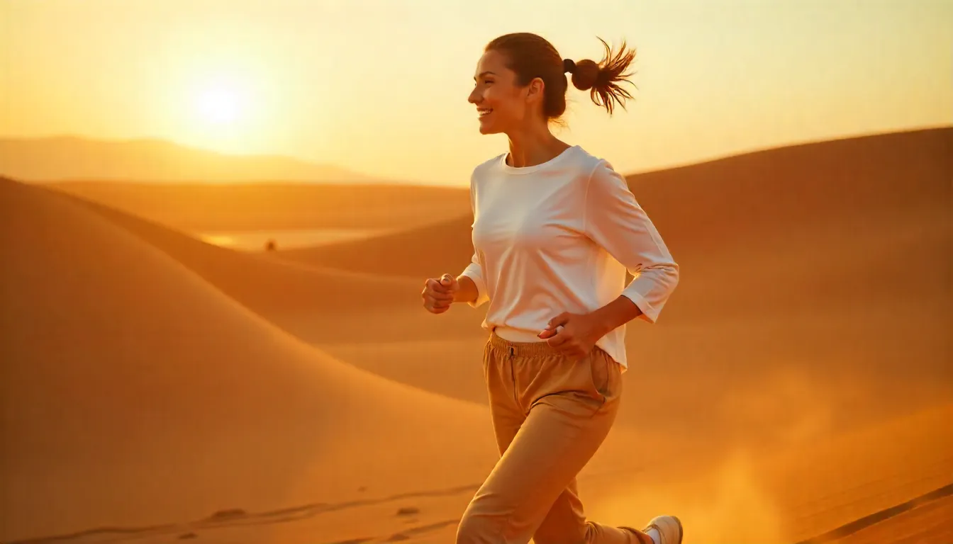 A jogger full of energy, surrounded by Mitolyn ingredient icons like spinach, kale, and broccoli, demonstrating how Mitolyn really works for energy and fat loss with metabolism support against a sunrise backdrop