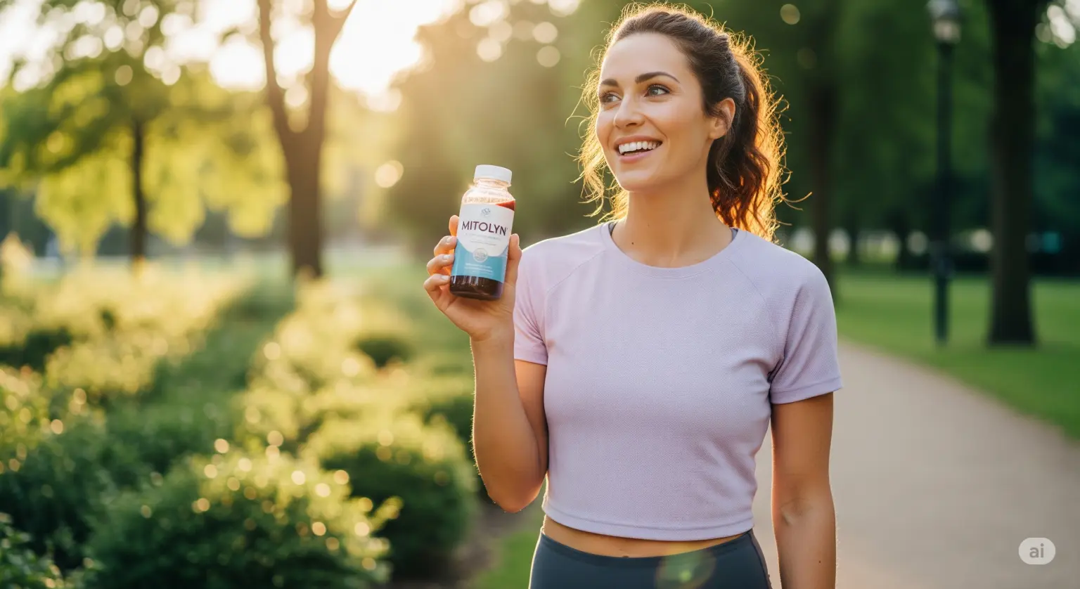 Woman holding Mitolyn bottle for energy boost - does Mitolyn really work without exercise