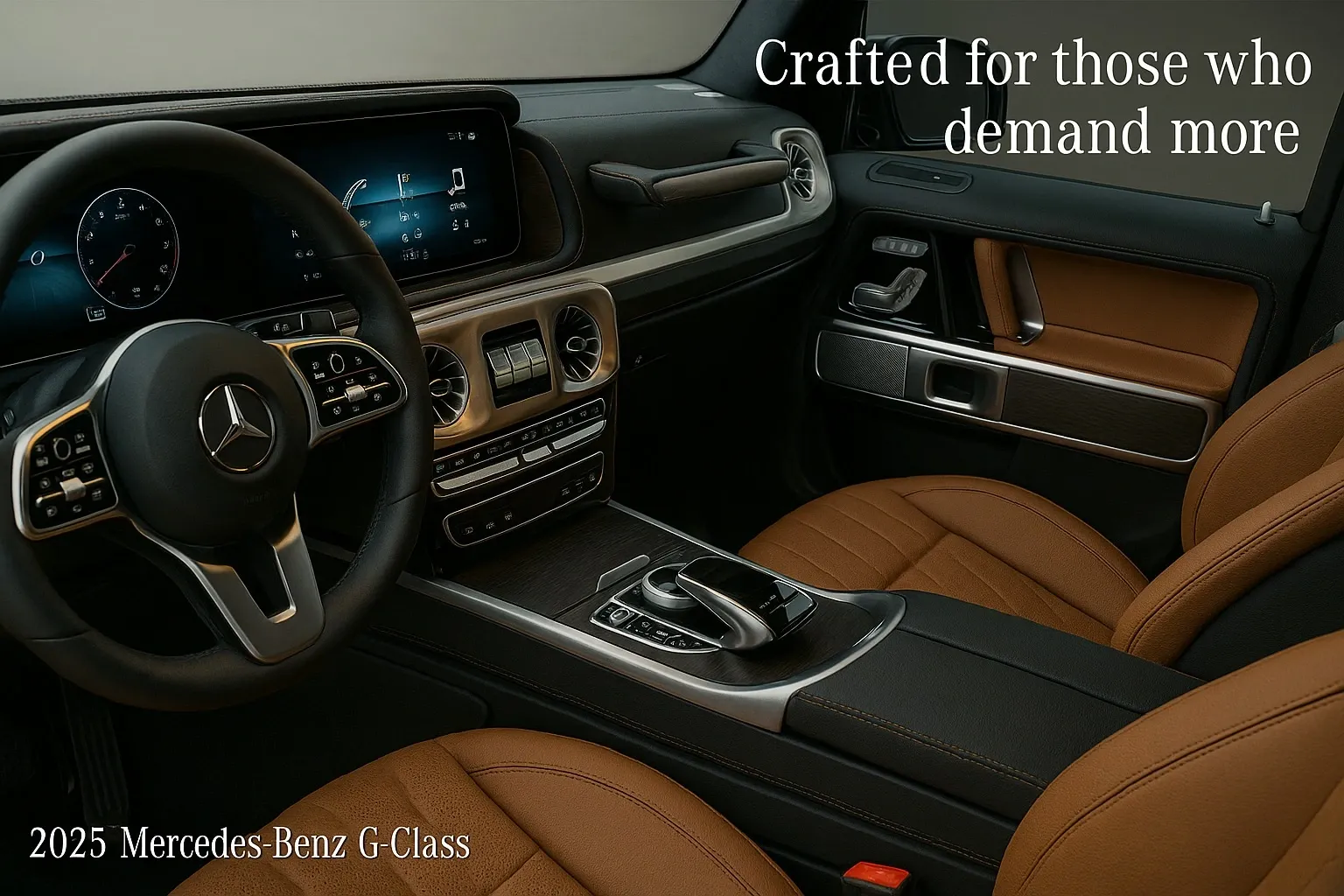 2025 Mercedes Benz G Class luxury interior with infotainment system.