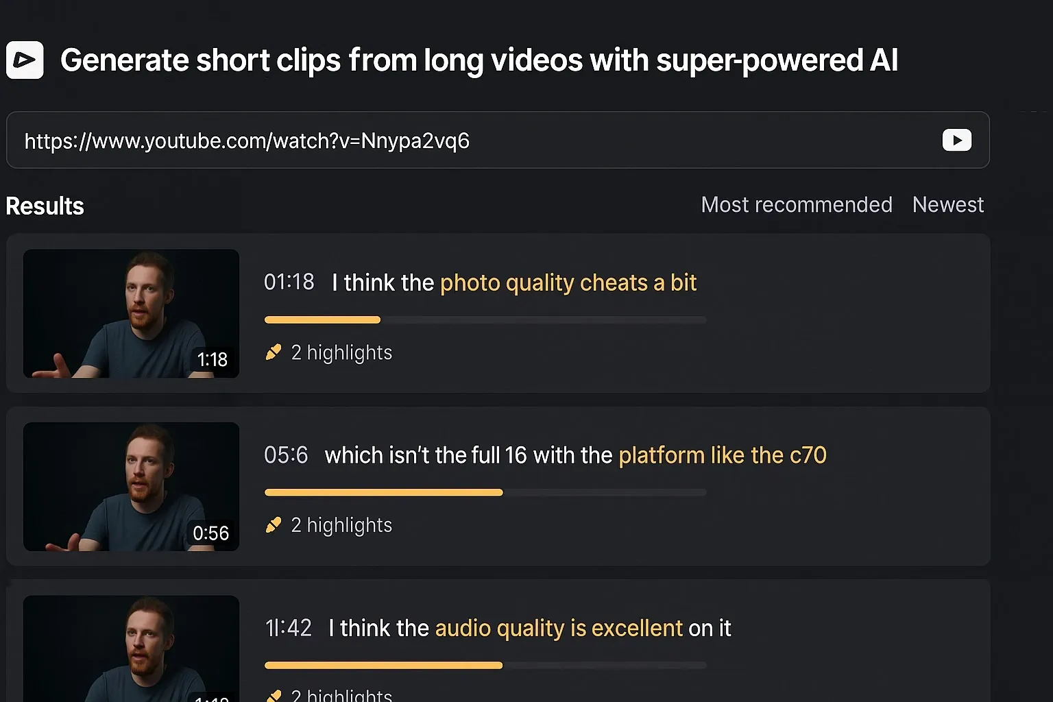 AI video tool generating short clips from a long YouTube video with subtitles and highlights for social media.