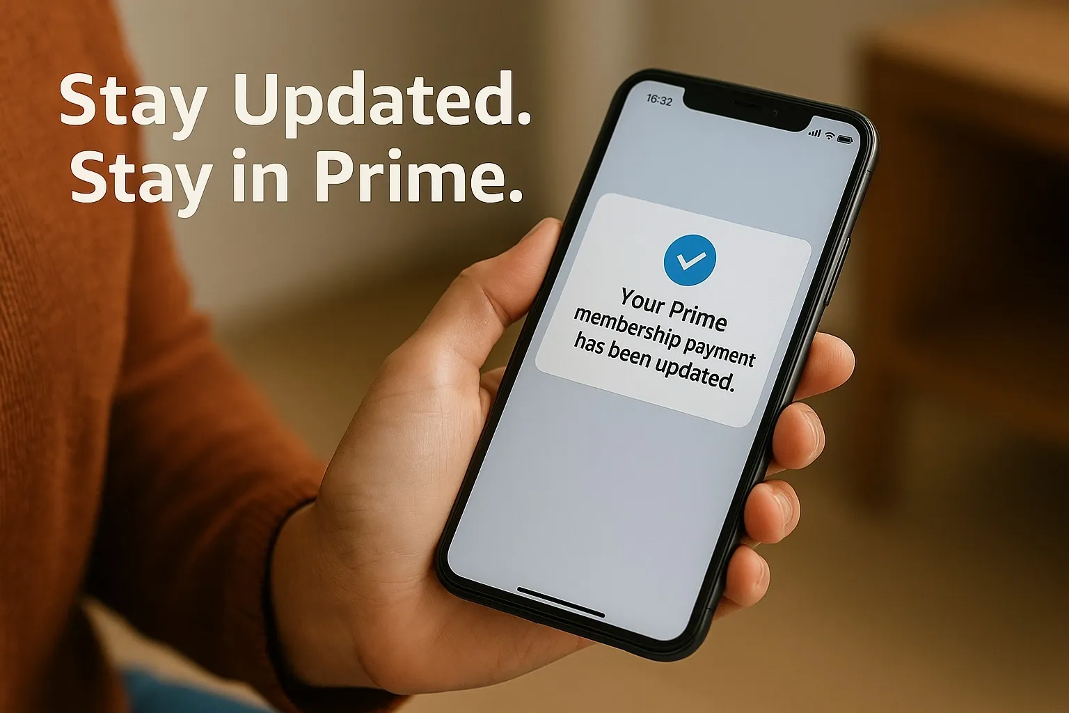 Amazon Prime subscriber receiving payment update alert.
