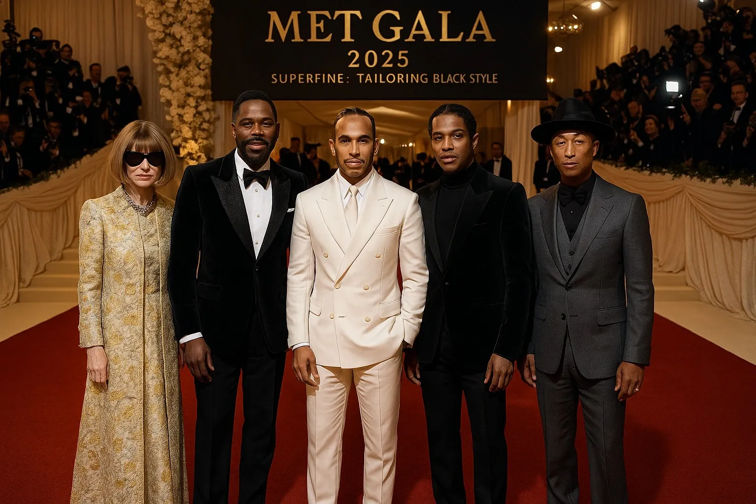 Anna Wintour, Colman Domingo, Lewis Hamilton, A$AP Rocky, and Pharrell Williams at Met Gala 2025 red carpet.
