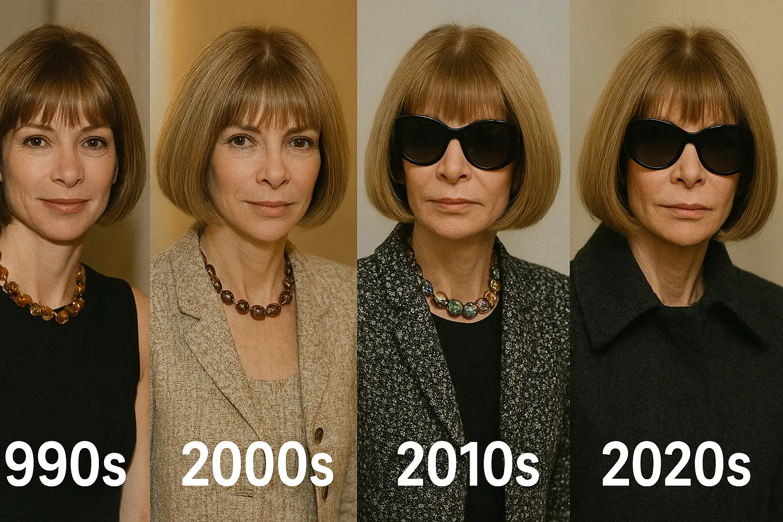 Anna Wintour style evolution from the 1990s to 2020s – fashion icon and public figure often in headlines with her boyfriend.