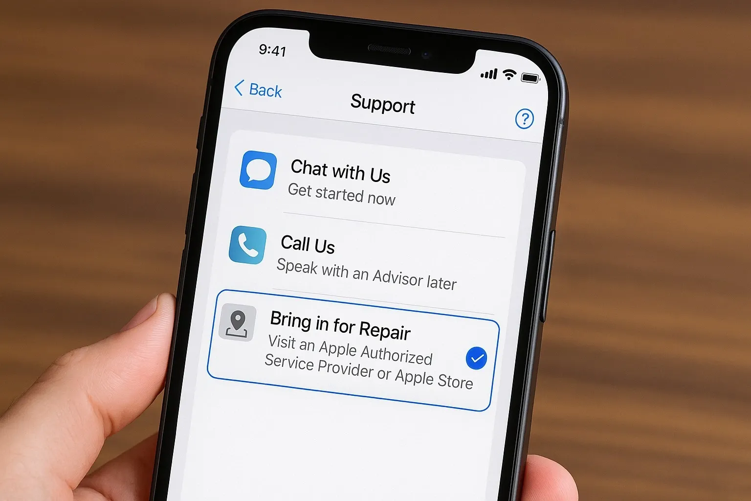 iPhone screen showing Apple Support app with “Bring in for Repair” option selected.