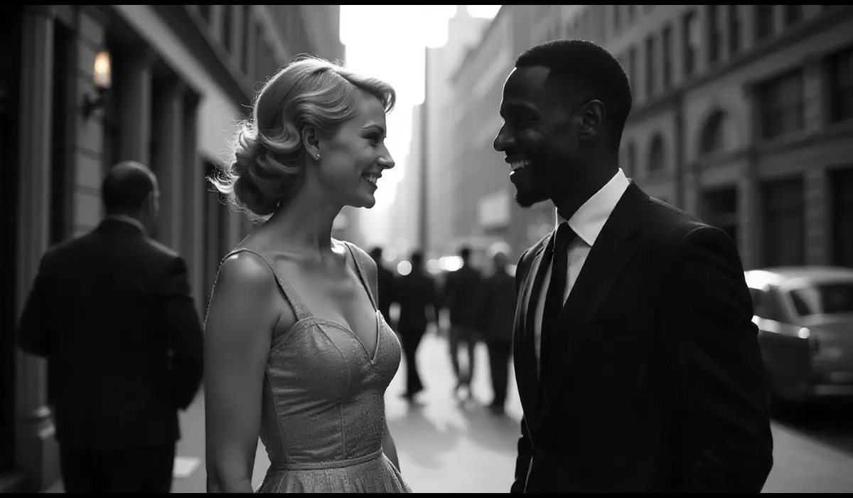 Cinematic behind-the-scenes movie set in New York with actors and film crew