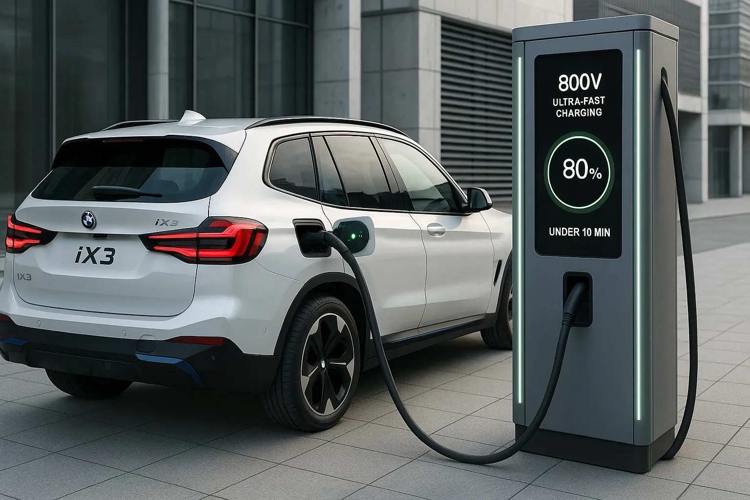 BMW iX3 electric SUV charging at 800V ultra-fast charging station showing 80% charge in under 10 minutes