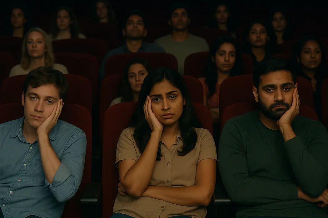 Bored audience watching Bollywood movie.