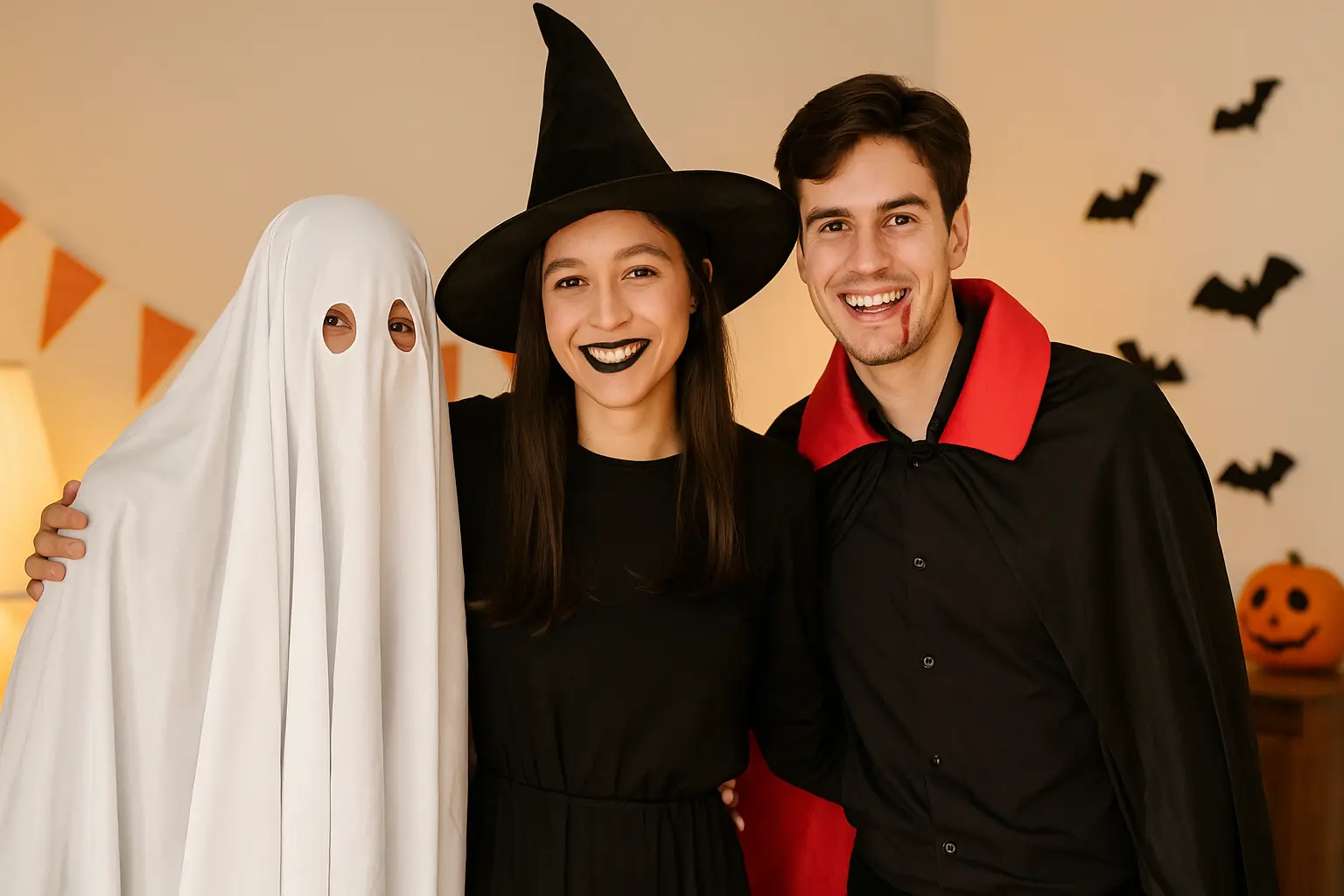 Friends wearing simple DIY costumes (ghost, witch, vampire).