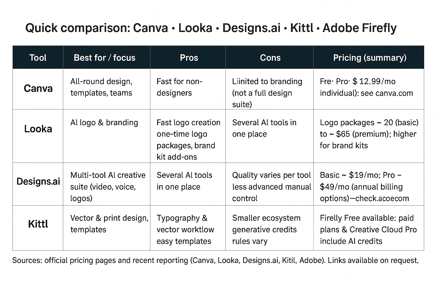 AI design tools comparison chart