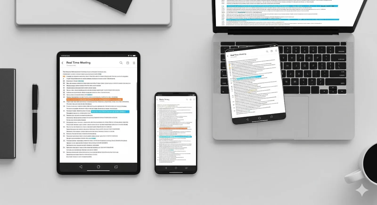 Laptop, tablet, and smartphone displaying synced meeting transcripts.