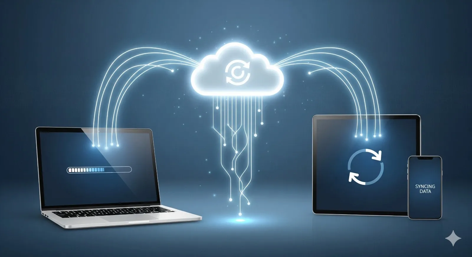 Laptops, tablets, and smartphones connecting to cloud storage.

