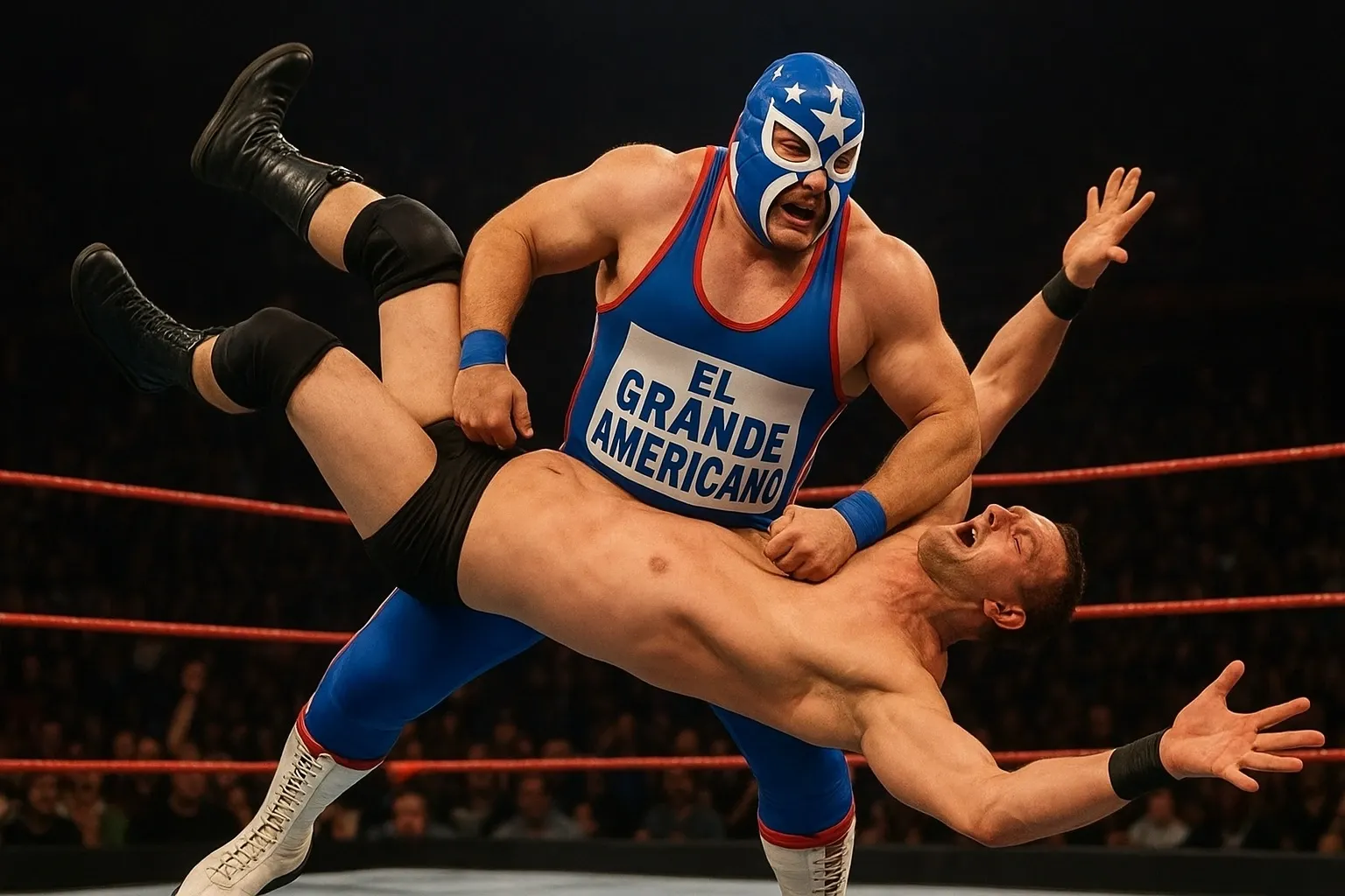El Grande Americano wrestler performing a power slam in the ring.