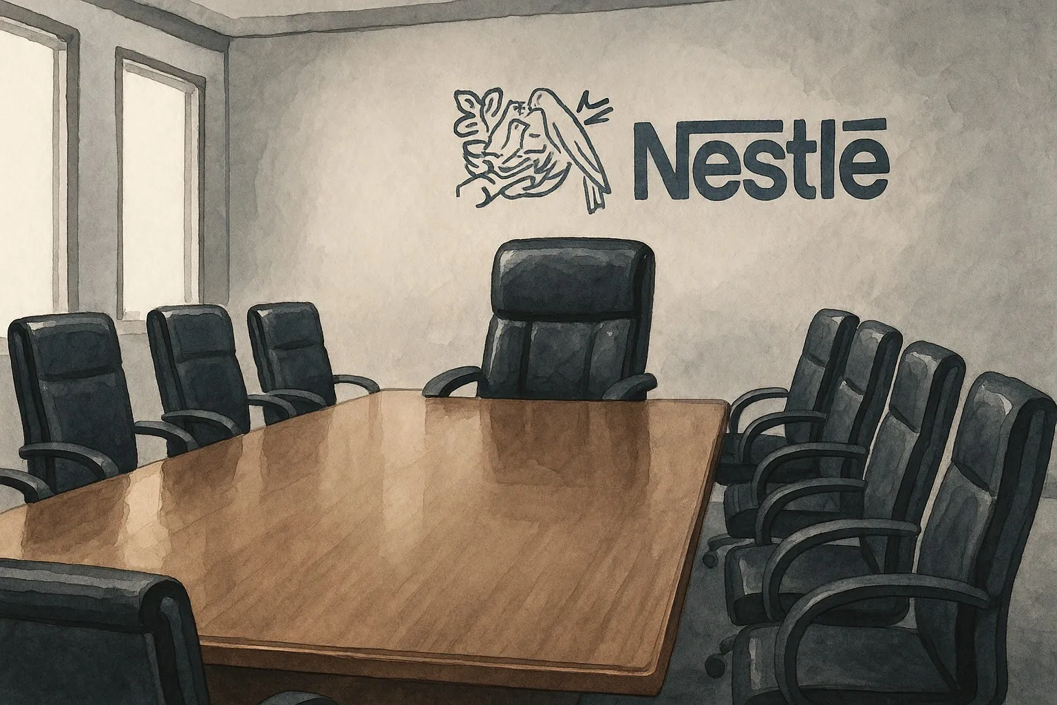 Empty CEO chair in Nestlé boardroom with company logo on wall, symbolizing leadership change.