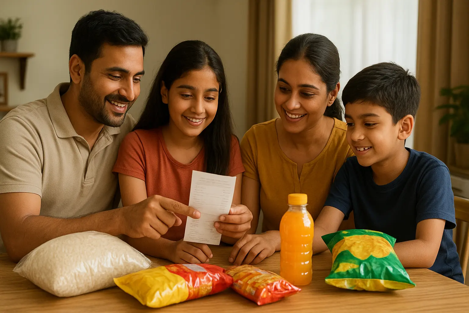 Indian family checking grocery bill under new GST rates on food items