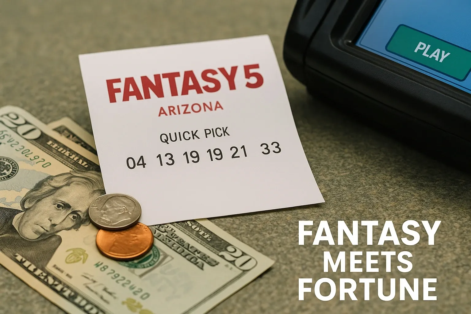 Fantasy 5 Arizona lottery ticket at retailer checkout counter.