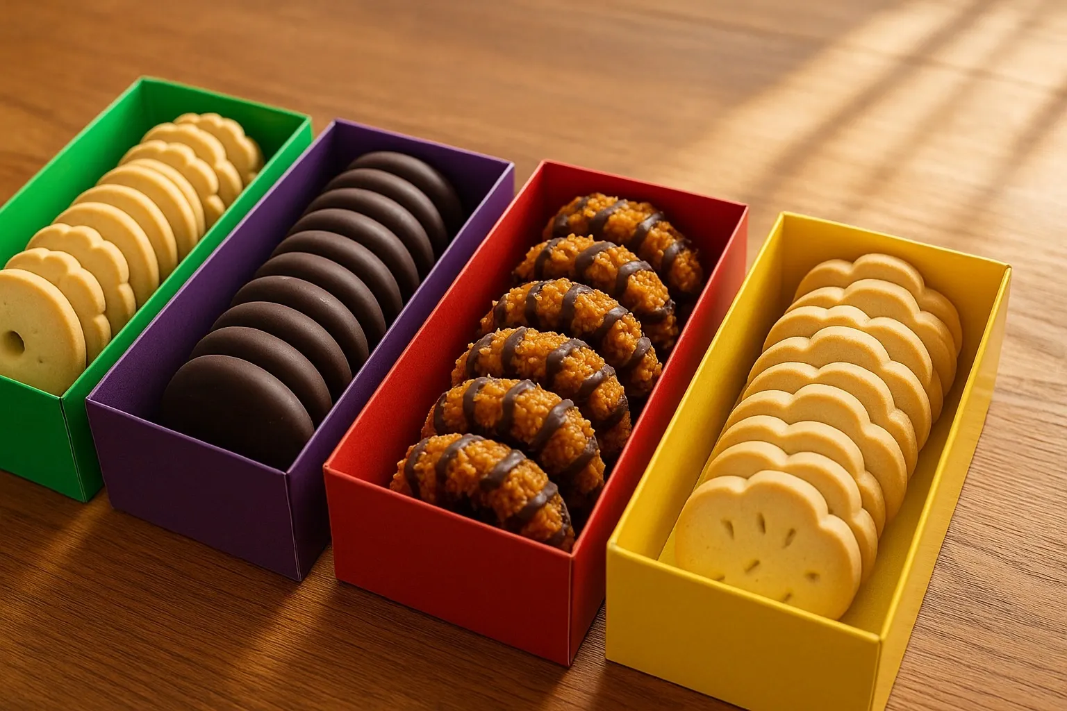 Assorted Girl Scout Cookies displayed on a wooden table