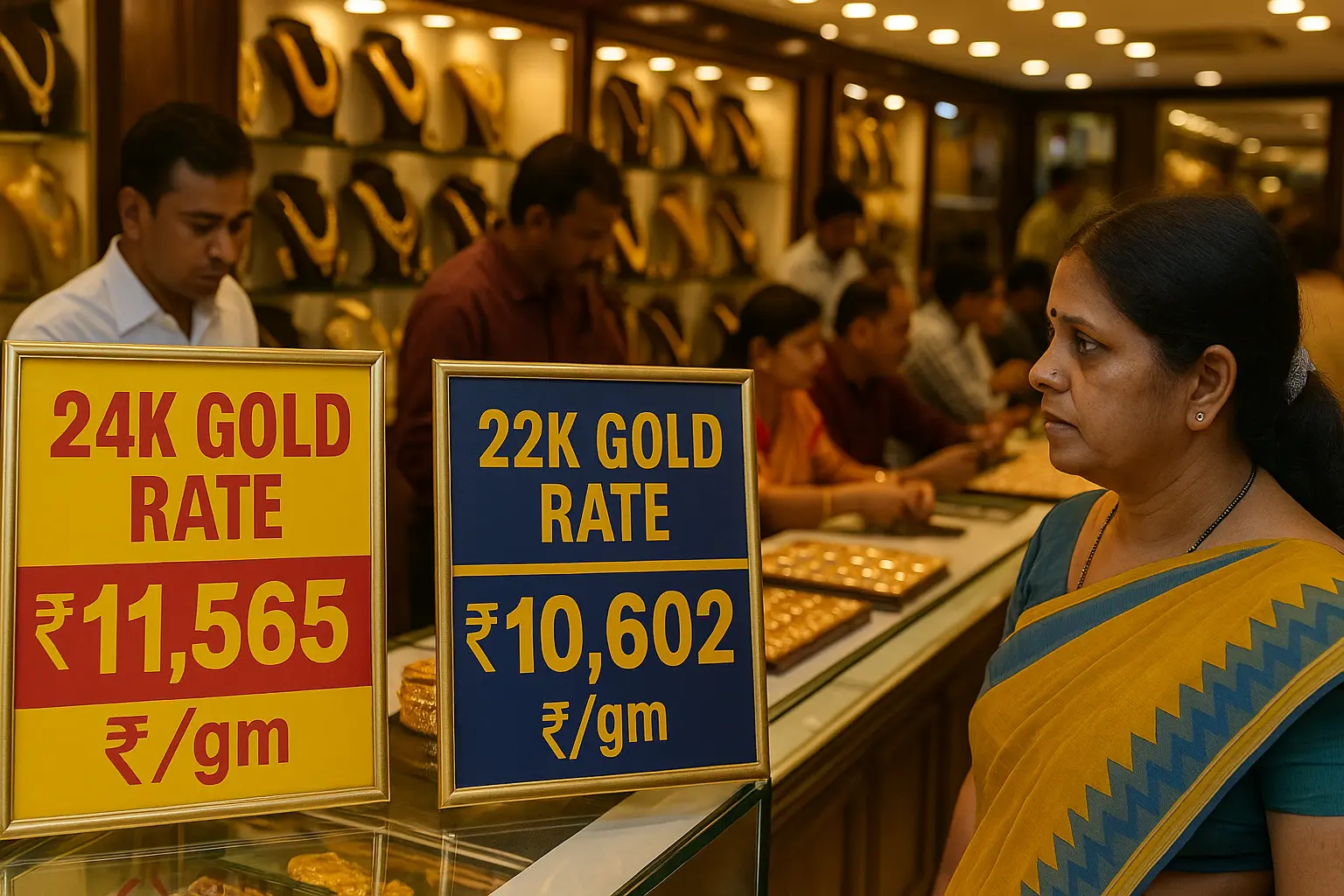 24 carat gold rate in India compared to 22 carat shop display