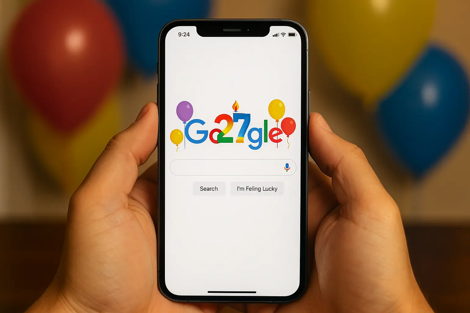 Google 27th birthday Doodle 2025 USA on mobile.