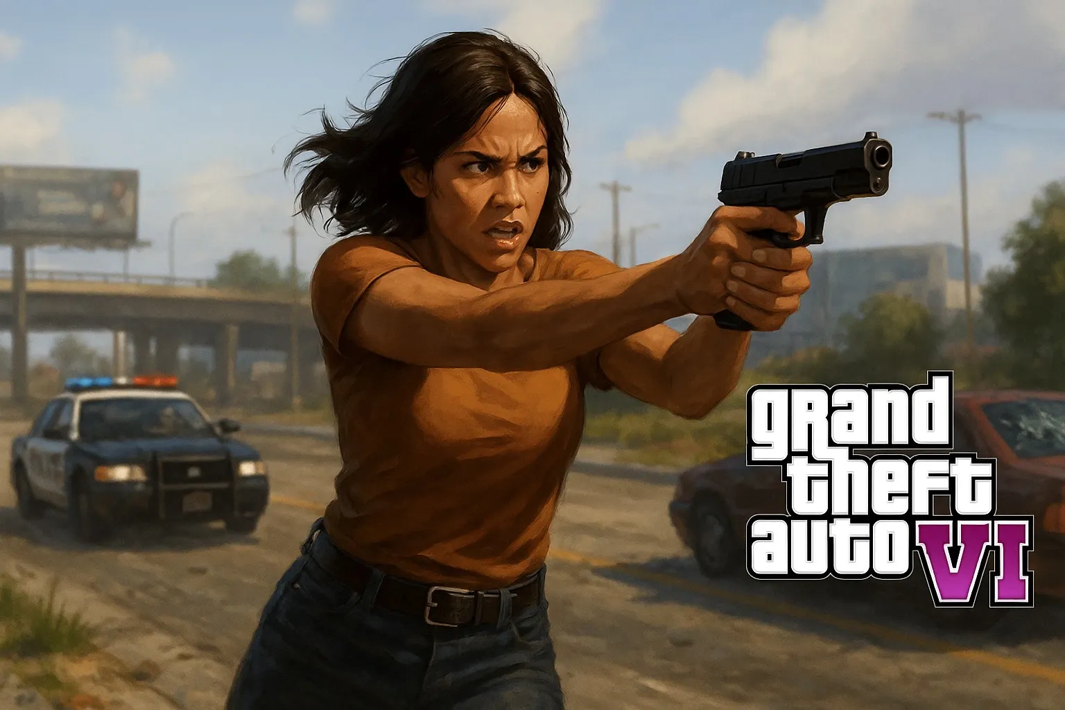 Lucia, GTA 6’s female protagonist, aiming a pistol in a high-action scene, symbolizing new story focus.