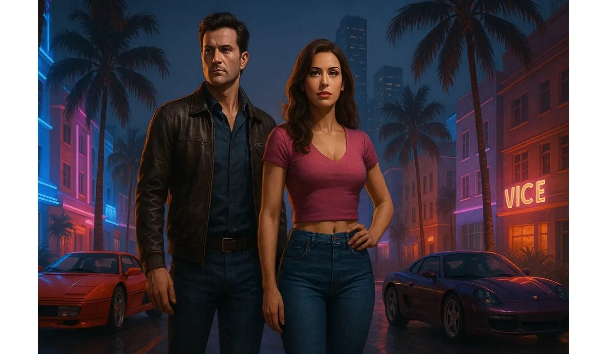 Infographic showing GTA 6 development timeline with 2022 confirmation, 2023 trailer, and 2025 launch