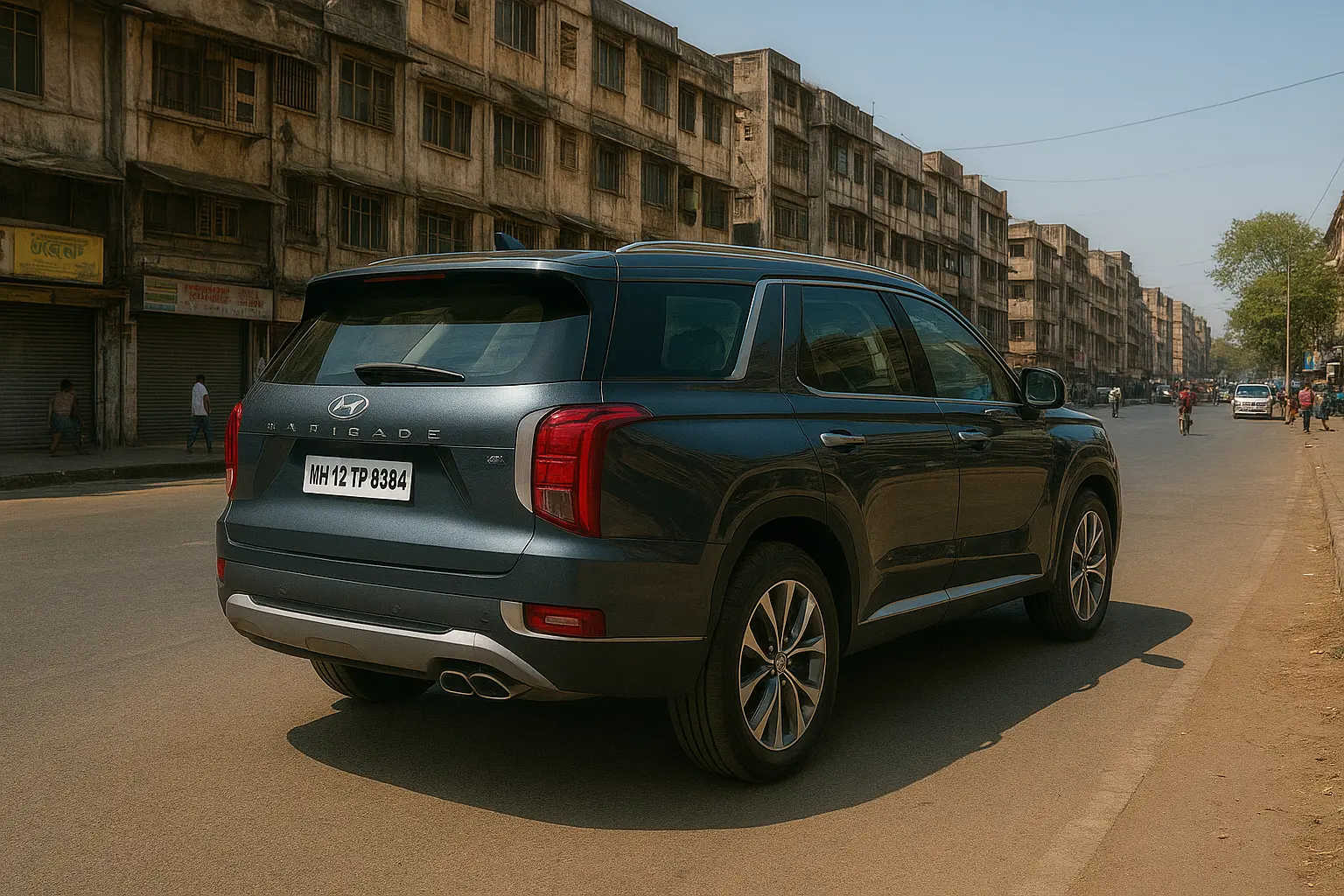 Hyundai Palisade SUV parked on an Indian city street in daylight with shops and pedestrians in the background.