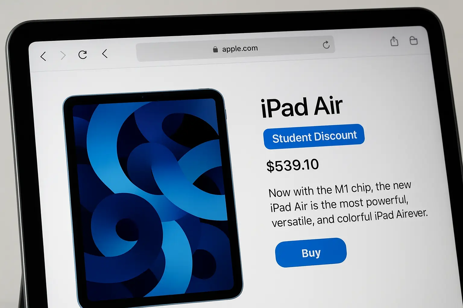 iPad Air with Student Discount tag on Apple Education Store website.