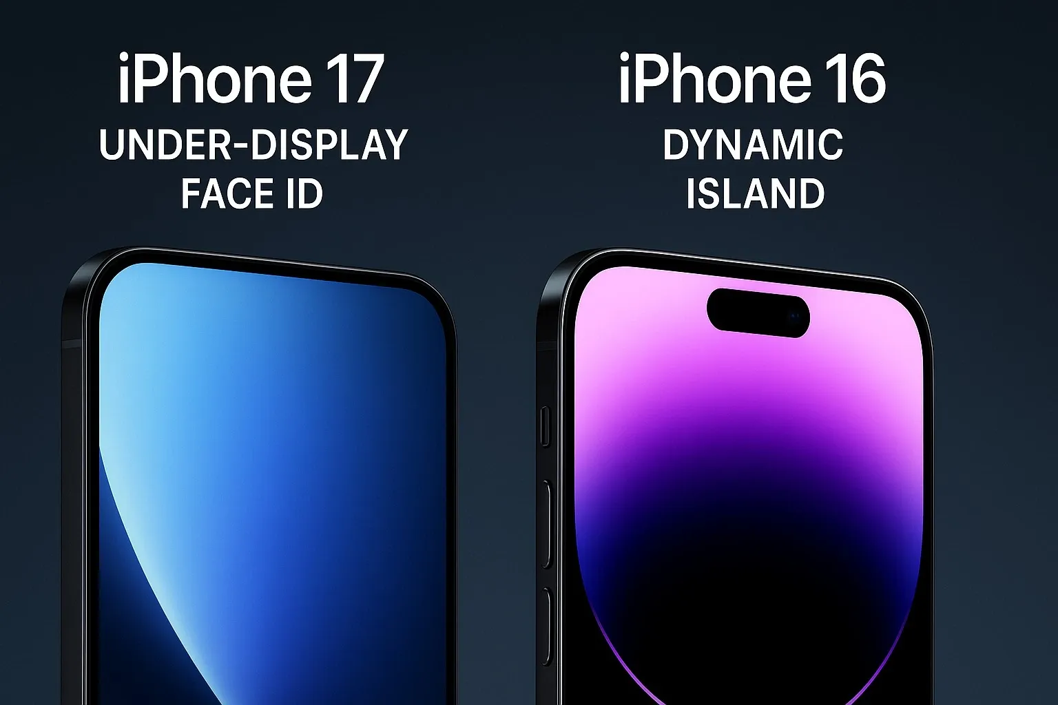 Comparison of iPhone 17 under-display Face ID with iPhone 16 Dynamic Island.