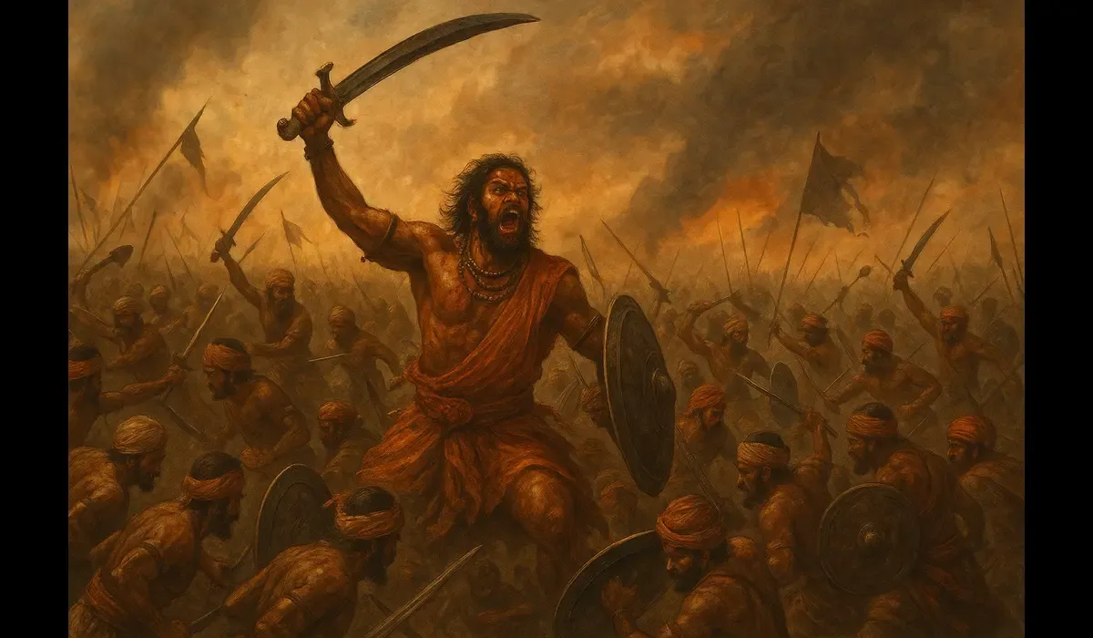 Epic mythological battle scene inspired by Kantara Chapter 1 trailer