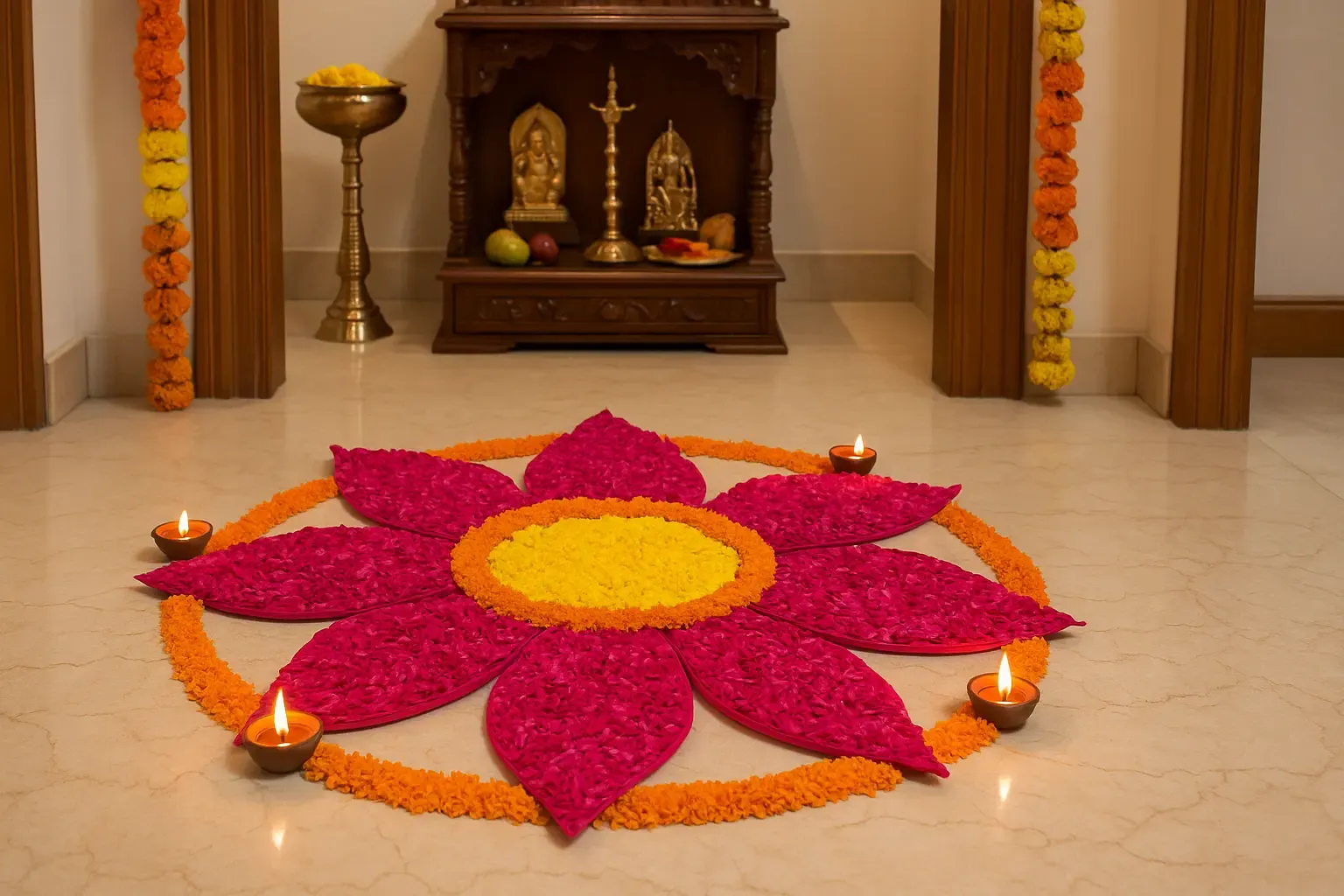 lotus-petal diwali rangoli in pooja room