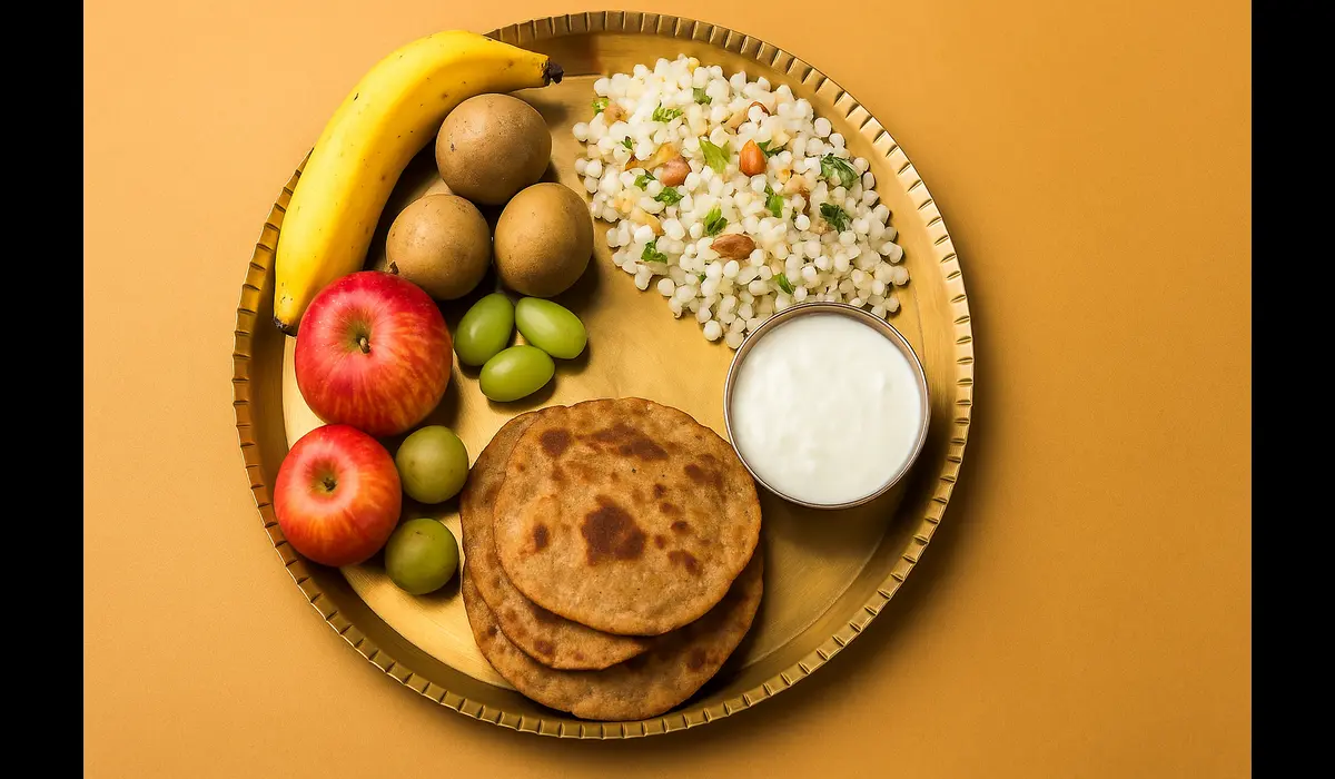 Navratri fasting thali with fruits, sabudana khichdi, and kuttu puri