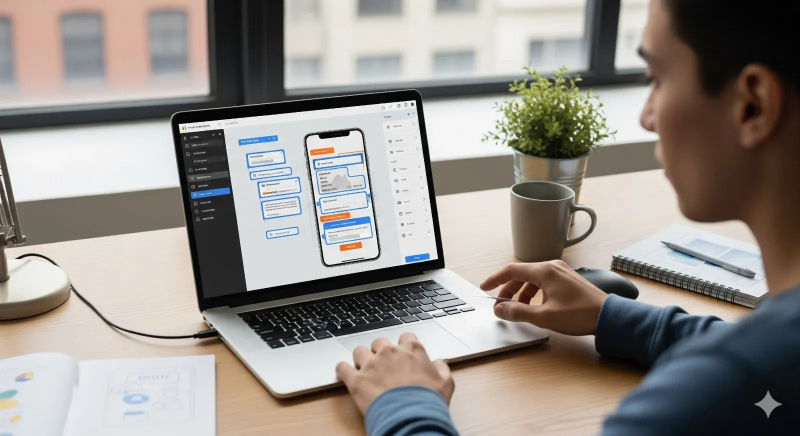 Laptop showing drag-and-drop app builder interface in a modern workspace.
