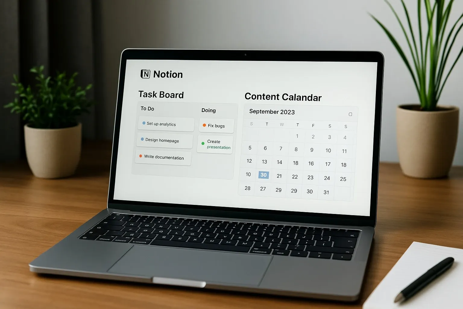 Notion workspace with task board and content calendar for creators.