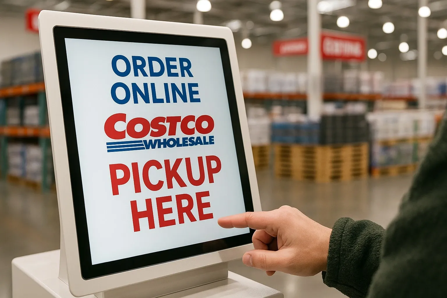 Shopper using kiosk to pick up online Costco order at local warehouse.