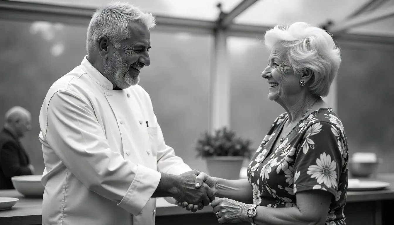 Paul Hollywood handshake and Prue Leith smiling