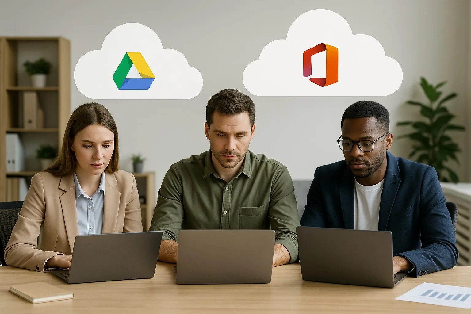 Business team preparing laptops for migration with cloud icons.