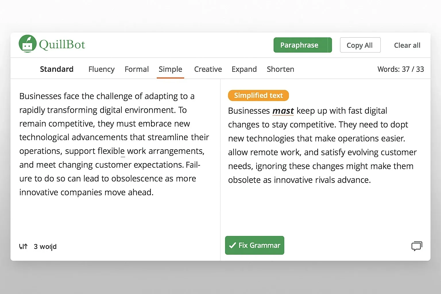 QuillBot AI tool rewriting content into simpler language.