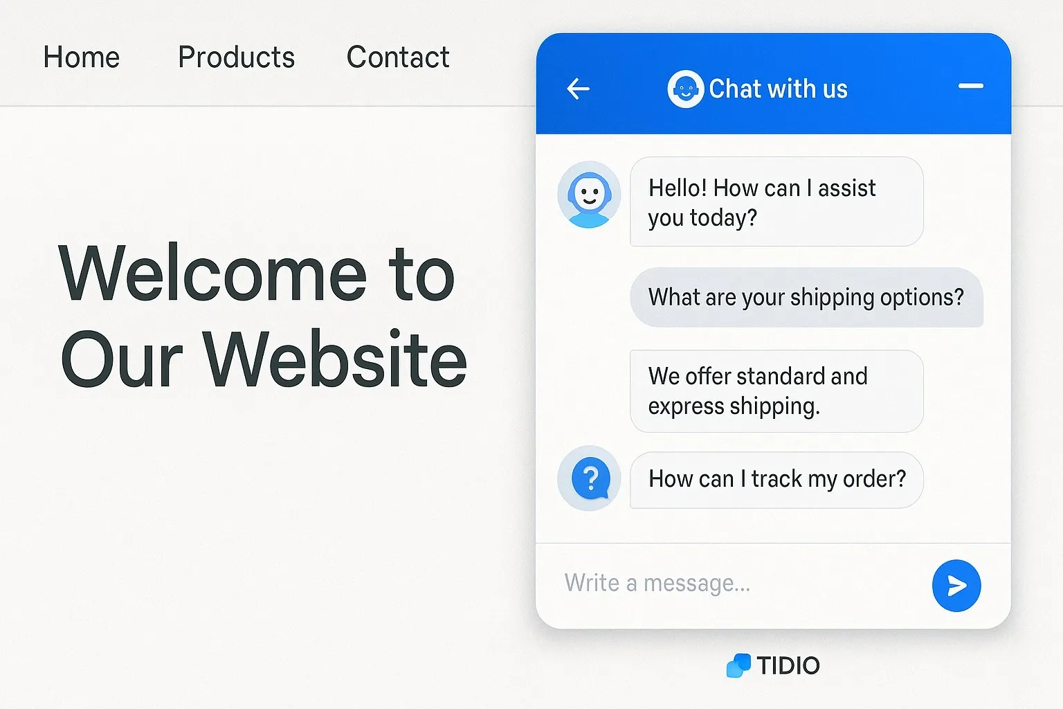 Tidio chatbot responding to customer queries on an e-commerce website.