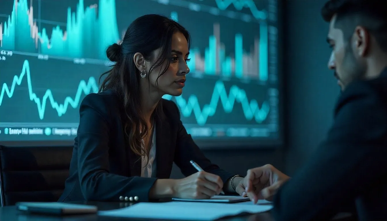 Shakira in a business setting reviewing financial success