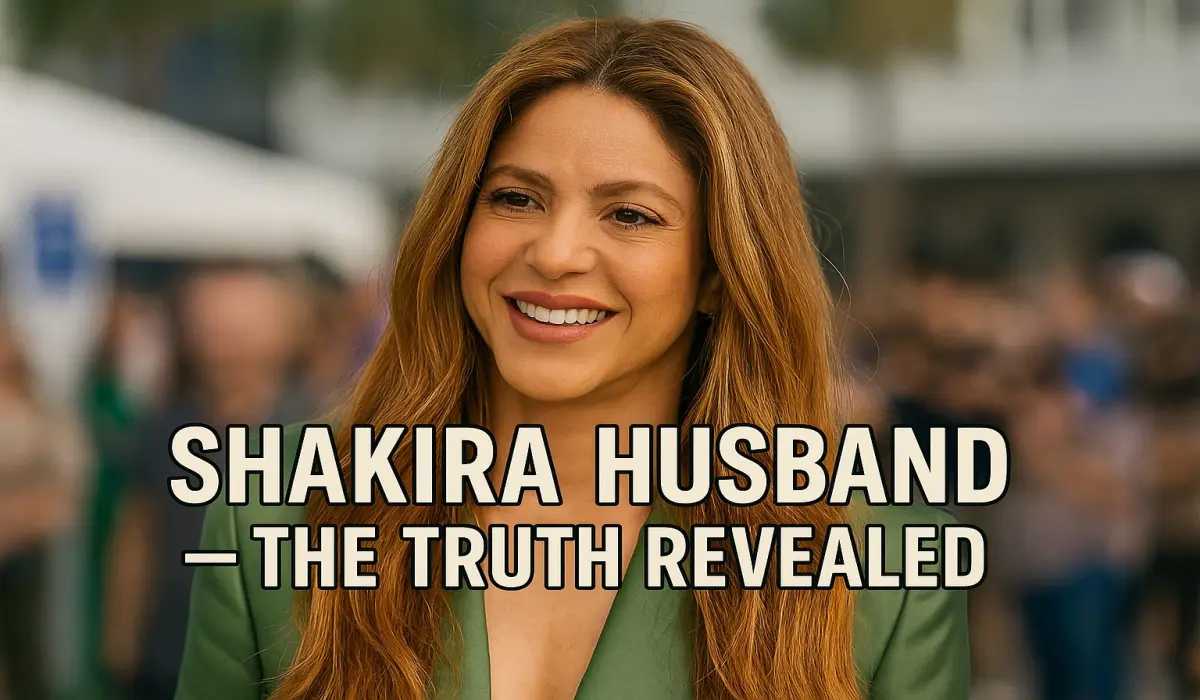 Shakira smiling at a public event with text overlay