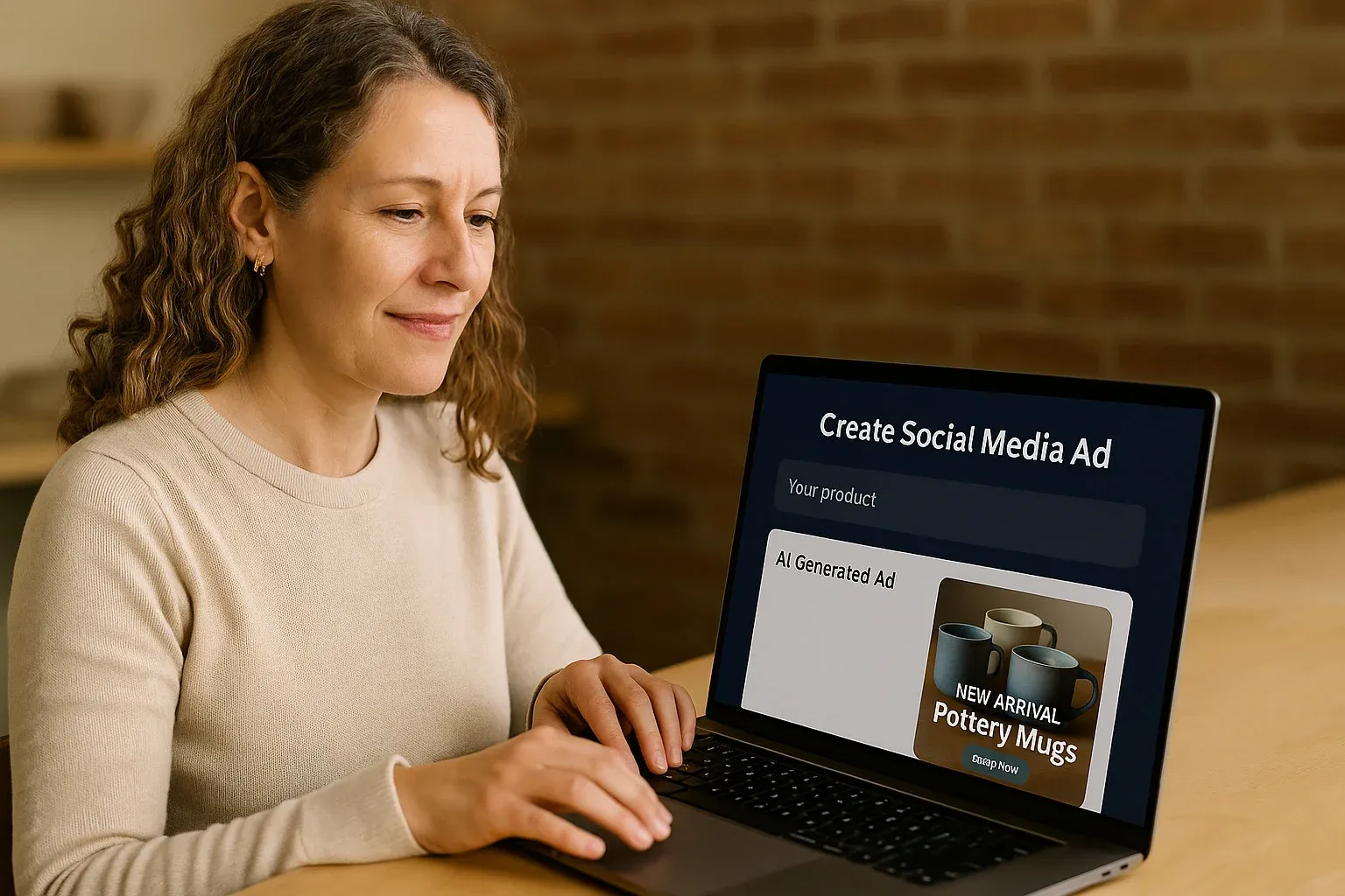 Business owner using AI ad tool for Facebook ad creation.