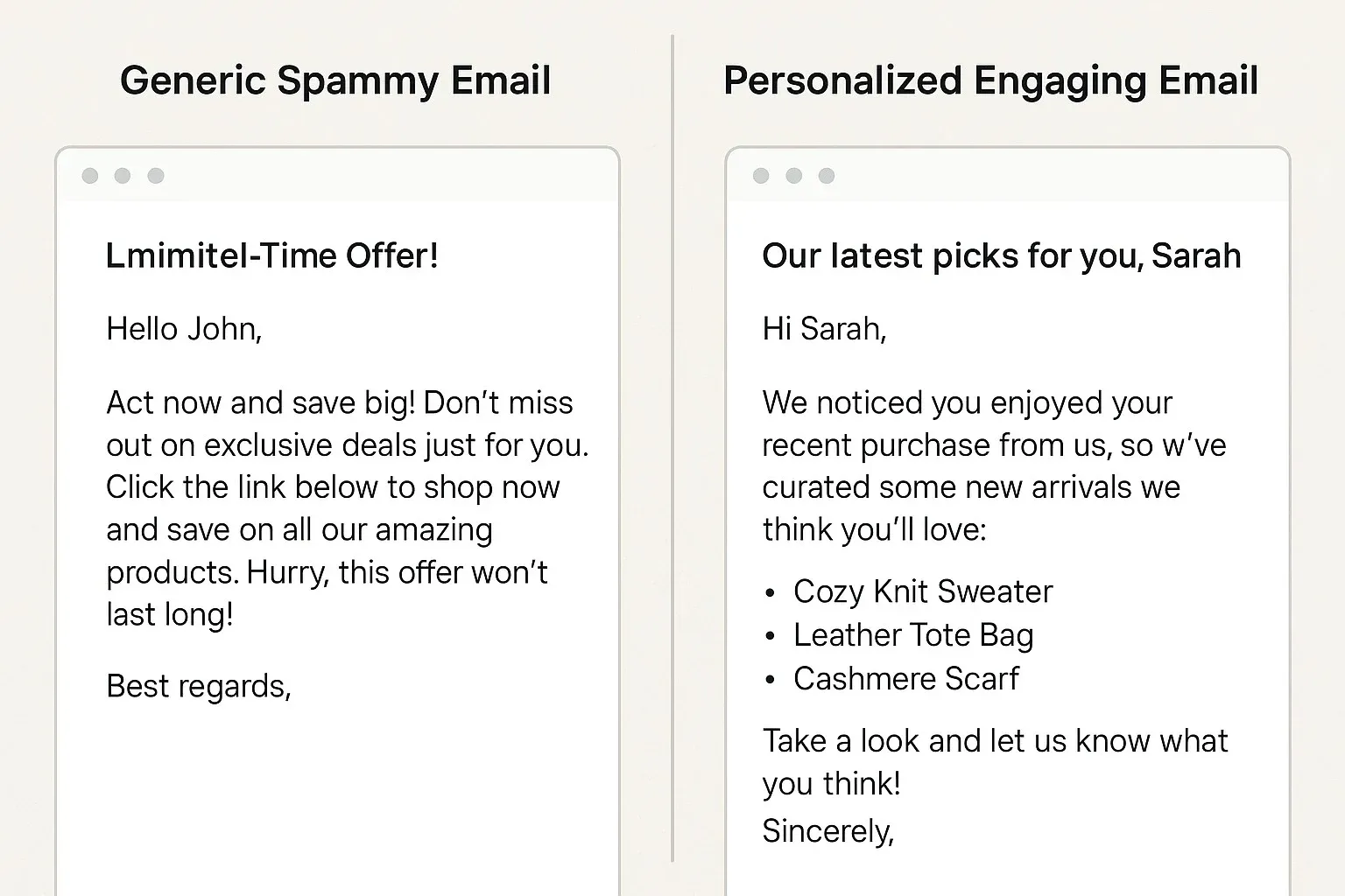 Side-by-side comparison of spammy vs personalized email examples.